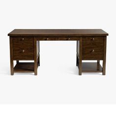 a wooden desk with two drawers on one side and an open drawer on the other