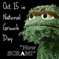 a close up of a stuffed animal with the words national grouch day