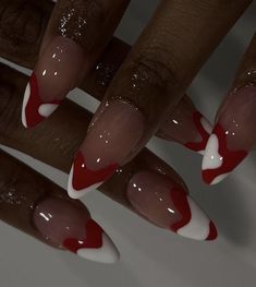 Red Deep French Tip Nails, Cool Valentines Nails, Oval Nail Inspo Acrylic, Paris Nails Aesthetic, Teen Nails Acrylic, Cute Red Acrylic Nails, Red Grunge Nails, Red Tip Acrylic Nails, Unique Almond Nails