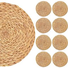 six round straw placemats and four coasters with matching circles in the middle