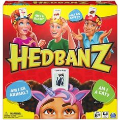 the card game hedbanz is shown in front of an image of two children and