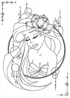 a drawing of a girl with long hair and flowers in her hair, surrounded by circles