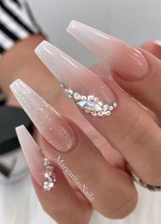 Wedding Nails For Bride Classy Bridal, Wedding Acrylic Nails, Baby Boomers Nails, Hacks Beauty, Nails Design With Rhinestones, Nail Idea, Nail Art Wedding, Coffin Nails Long, Bride Nails