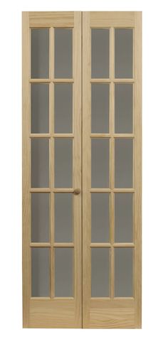 a pair of doors with glass panels on the front and back sides, in light wood