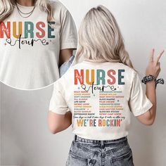 a woman wearing a nurse t - shirt with the words nurse in different languages on it