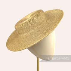 Boaters are all the rage, and this metallic gold polybraid fascinator version has us all in a twirl!  Made from spiraled polybraid, these boaters are ready to trim and have a petersham ribbon on it's inside edge. Simply add a comb or headband to secure to the head. Hat base measures: Width: 32cm (12.5 inches) Crown Width: Please note that the crown is on the larger side, measures 16.5cm (6.5 inches) wide.  Crown Height: 4.5cm (1.7 inches) For even more millinery supplies you can find us here: ww Blank Hats, Millinery Supplies, Hat Base, Boater Hat, Velvet Flowers, Fascinator Hat, Millinery Hats, Fascinator Hats, Canterbury