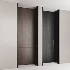 an open door in the middle of a room with white walls and wood paneling