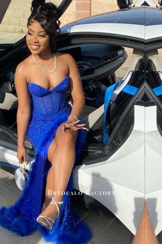 Strapless Royal Blue Sequins Corset Feather Slit Prom Dress Prom Dress With Corset On Top, Accessories On Dress, Long Blue Homecoming Dresses, Royal Blueprom Dress, Blue And Grey Prom Dress, Prom Look Ideas, Blue Md Dresses, Unique Blue Prom Dresses, Navy Blue Dresses Prom