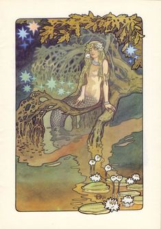 a mermaid sitting on top of a tree branch next to water and stars in the sky