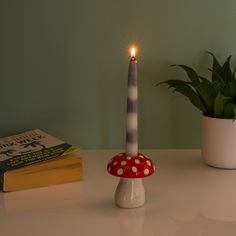 a candle that is sitting on a table next to some books and a potted plant