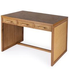 a wooden desk with two drawers and wicker handles