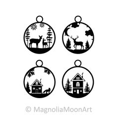 four christmas ornaments with deer and house silhouettes in the center, on white background