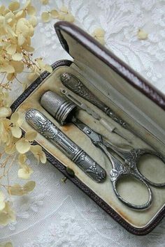 an old pair of scissors in a case with flowers on the table next to it