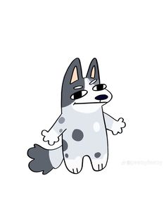 a cartoon dog with black and white spots on it's body, standing in the air