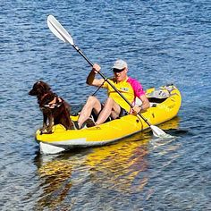 a man and his dog are kayaking in the water with their paddles on