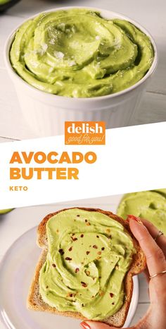 the avocado butter is being held up to show it's spread on toast