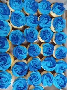 a box filled with blue cupcakes covered in frosting