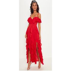 Get Totally Occasion Ready In This Stunning Maxi Dress. Featuring A Red Material With A Cold Shoulder And Ruffle Designs, What's Not To Love? Finish Off The Look With Statement Accessories And Barely There Heels For A Look We're Loving. 97% Polyester 3% Elastane Please Note: Due To Fabric Used, Colour May Transfer. Red Ruffle Dress, Robes Glamour, Shoulder Ruffle Dress, Strappy Maxi Dress, Ruffle Maxi Dress, Valentine Dress, Red Maxi, Red Chiffon, Red Dress Maxi