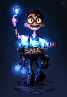 a cartoon character holding a glowing light bulb in his hand and looking at the camera