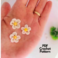 small crochet flowers are placed on the palm of a person's hand