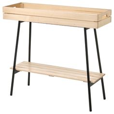 a wooden bench with black legs and a shelf