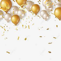 golden and white balloons with streamers, confetti, celebration png and psd