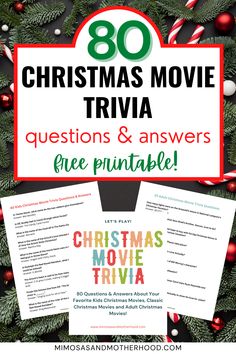 the christmas movie trivia with text overlay that reads, 80 christmas movie trivia questions and answers free printables