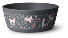 a bowl with unicorns and flowers on it