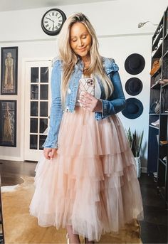 Carrie Bradshaw inspired look Pink multi layered tule skirt | TTS cropped distressed denim jacket | TTS neutral pumps with bow accents | TTS #summer #skirt #LTKunder100 #LTKsalealert #LTKSeasonal Tule Skirts For Women, Tulle Skirt Jean Jacket, Denim Skirt With Tulle, Tulle Skirt And Denim Jacket, Tulle Skirt Denim Jacket, Denim Shirt Tulle Skirt Outfit, Feminine Spring Tulle Skirt, Black Tulle Skirt Outfit, Neutral Pumps