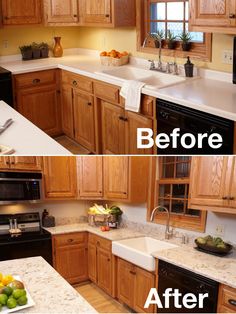 before and after pictures of a kitchen with wood cabinets