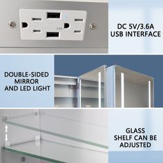 three different types of glass shelf cabinets with labels on them and instructions to install the doors