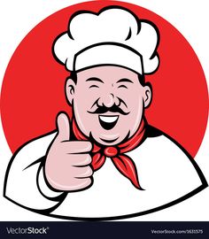 a chef giving the thumbs up sign in front of a red circle with an orange background