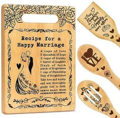 three wooden spoons and a cutting board with the words recipe for a happy marriage