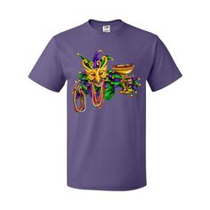 a purple t - shirt with an image of a mardi gras mask on it