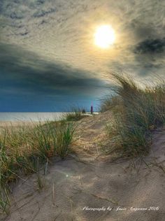 the sun shines brightly in the sky over sand dunes and sea oats on a cloudy day