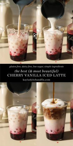 the process of making an ice cream sundae with cherries and vanilla syrup is shown