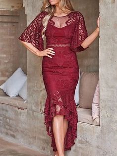 Women‘s Wedding Guest Dress Party Dress Bodycon Sheath Dress Midi Dress White Wine Navy Blue Half Sleeve Pure Color Lace Fall Spring Autumn Crew Neck Elegant Spring Dress Slim 2023 S M L XL 2023 - US $36.99 White Lace Dress Long, Lace High Low Dress, High Low Maxi Dress, Womens Fall Dress, Half Sleeve Dresses, Lace Neckline, Dress Bodycon, Guest Dress, Dresses Lace