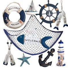 an assortment of marine themed items including a life preserver