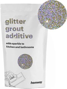 glitter grout addative for kitchen and bathrooms in white packaging with silver hologish