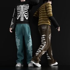 two young boys dressed in halloween costumes, one is wearing a skeleton shirt and the other has green pants