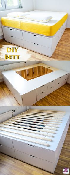 the bed frame has been made into a platform with drawers underneath it and is open to reveal