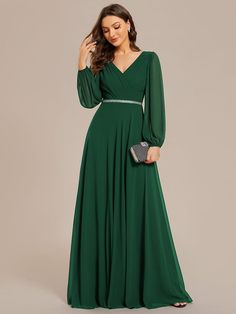 Pleated Double V-Neck Long Sleeves Shiny Belt Chiffon Evening Dress #color_Dark Green Womens Active Wear Outfits, Chiffon Evening Dress, Bridesmaid Attire, Chiffon Evening Dresses, Floor Length Gown, Chiffon Long Sleeve, Bridal Robes, Chiffon Bridesmaid Dress, Draped Fabric