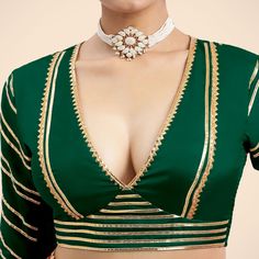 Elegant Navya Bottle Green Saree Blouse with Elbow Sleeves & Gota Patti for Festive Occasions. Luxe Artificial Silk. Bottle Green Saree, Pant Saree, Saree Accessories, Halter Neck Blouses, Open Blouse, Maroon Blouse, Readymade Saree, Saree Blouses