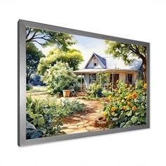 a painting of a house and garden with flowers in the foreground, framed on a white wall