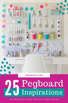 a pegboard with scissors and other crafting supplies hanging on it's wall