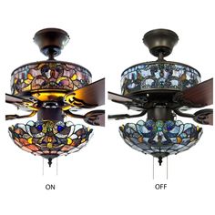 three ceiling fans with stained glass shades