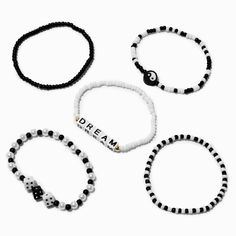 Claire's Black & White "Dream" Seed Bead Stretch Bracelets - 5 Pack Bracelet Ideas Black And White, Casual Black Friendship Bracelets With Round Beads, Casual Black Friendship Bracelet With Black Beads, Trendy Black Friendship Bracelets With Round Beads, Casual Black Round Beads Friendship Bracelets, Casual Black Round Beads Friendship Bracelet, Casual Black Beaded Friendship Bracelets, Casual Black Friendship Bracelets With Letter Beads, Trendy Black Bracelets With Letter Beads