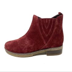 92.726.38 Dark Red Chelsea Ankle Boots Brand New Model Of Boots From Gabor. The Upper Part Is Created From Genuine Leather - Velour And Protects From Cold Weather. The Height Of The Heel Is 4 Cm. The Inside Of This Model Is Made From Leather, Textile. The Insole Made Of Textile Gives Great Comfort. The Sole Is Produced From High-Quality Material. A Fine Feminine Design That Can Be Worn For Different Weather. Brand New In Box Though This Brand Is Marked In Uk Sizes On The Shoes I Have Them Listed Gabor Shoes, Brown Suede Ankle Boots, Leather Heeled Boots, Trending Boots, Chelsea Ankle Boots, Wedge Ankle Boots, Brown Booties, Black Suede Boots, Feminine Design