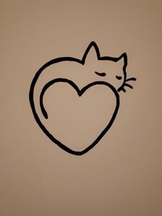 a black and white drawing of a cat with a heart