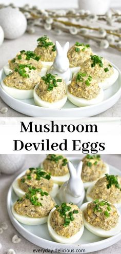 deviled eggs are stuffed with cheese and garnished with parsley on top